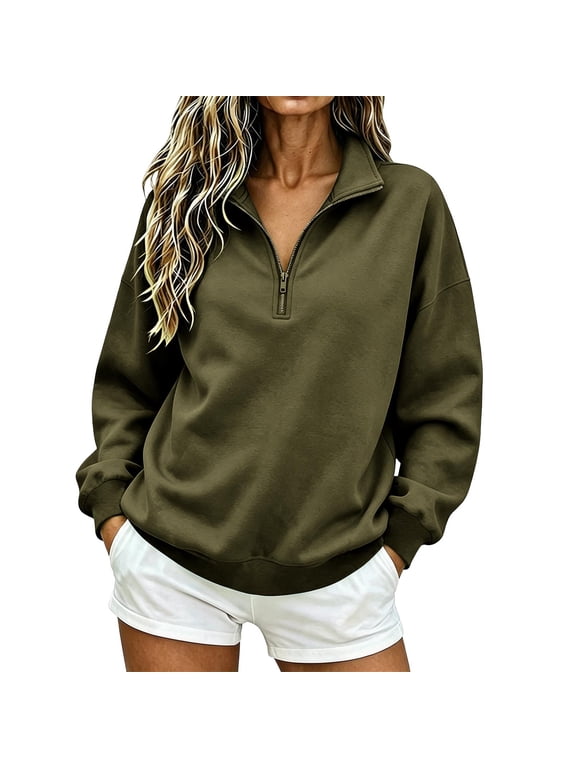 Quarter Zip Pullover Women Casual Loose Soft Tops Oversized Fall Winter Sweatshirt L