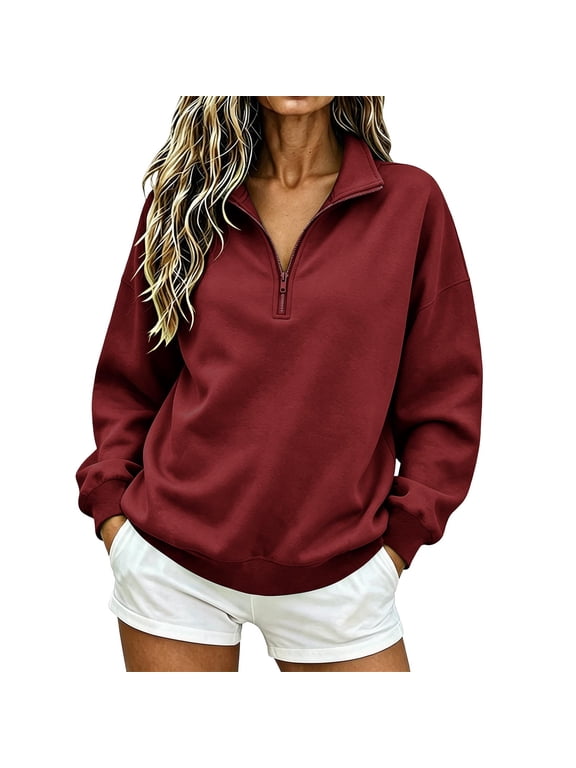 Quarter Zip Pullover Women Casual Loose Soft Tops Oversized Fall Winter Sweatshirt L