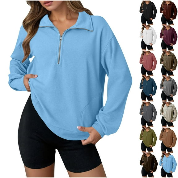 Horkkom Quarter Zip Pullover Women Casual Solid Color Sweatshirts Loose Fall Outfits with Side Pockets S, Gifts for Women
