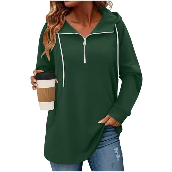 Horkkom Quarter Zip Pullover Women Casual Tunic Drawstring Tops Fashion Solid Color Comfort Hoodie with Pockets S