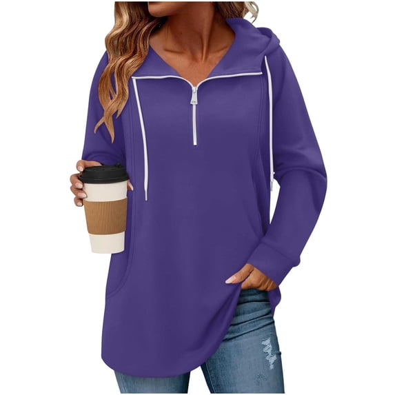 Horkkom Quarter Zip Pullover Women Casual Tunic Drawstring Tops Fashion Solid Color Comfort Hoodie with Pockets XXL