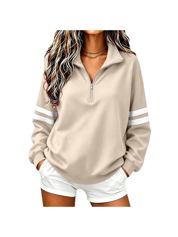 Quarter Zip Pullover Women Loose Collared Sweatshirt Fall Soft Trendy Sweatshirts M