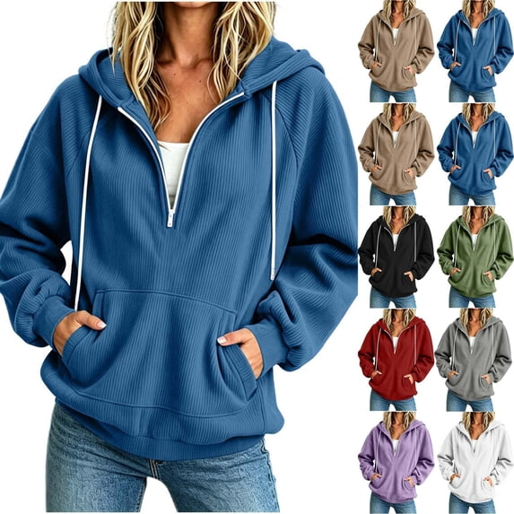 Horkkom Quarter Zip Pullover Women Pocket Drawstring Hoodies Causal Loose Corduroy Sweatshirts Winter Clothes L