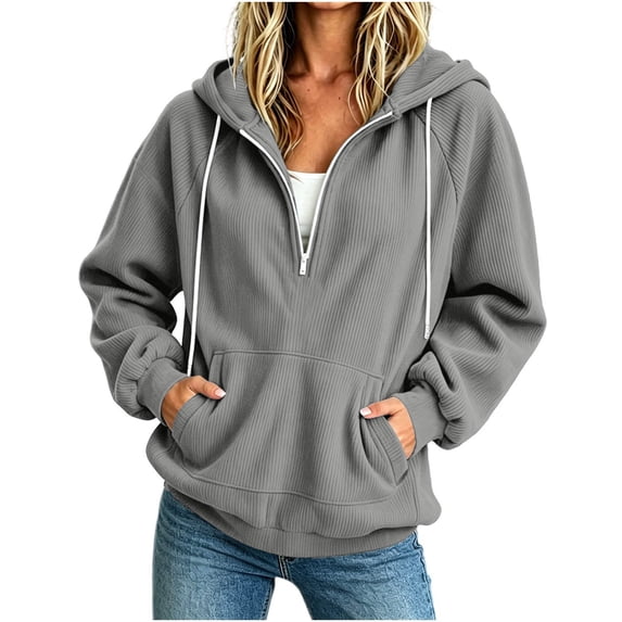 Horkkom Quarter Zip Pullover Women Pocket Drawstring Hoodies Causal Loose Corduroy Sweatshirts Winter Clothes M
