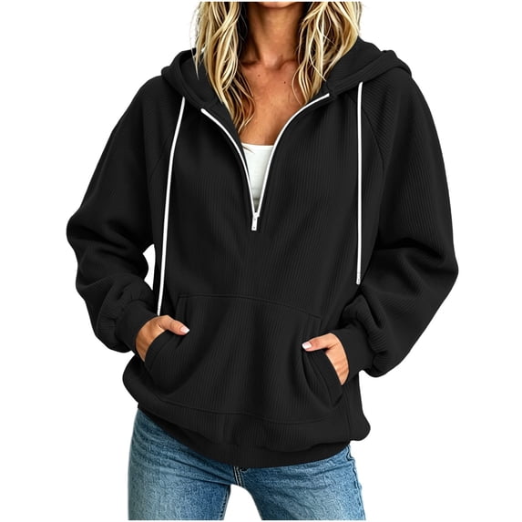 Horkkom Quarter Zip Pullover Women Pocket Drawstring Hoodies Causal Loose Corduroy Sweatshirts Winter Clothes XXL