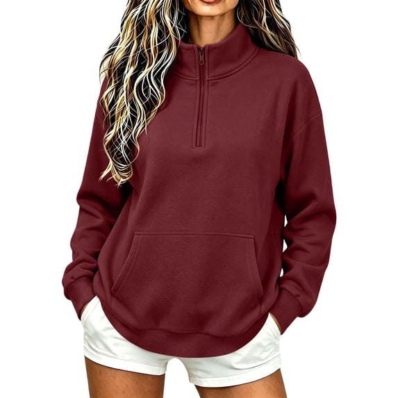 Horkkom Quarter Zip Pullover Women Solid Color Casual Mock Neck Sweatshirt Comfort Fall Sweatshirt with Pockets S