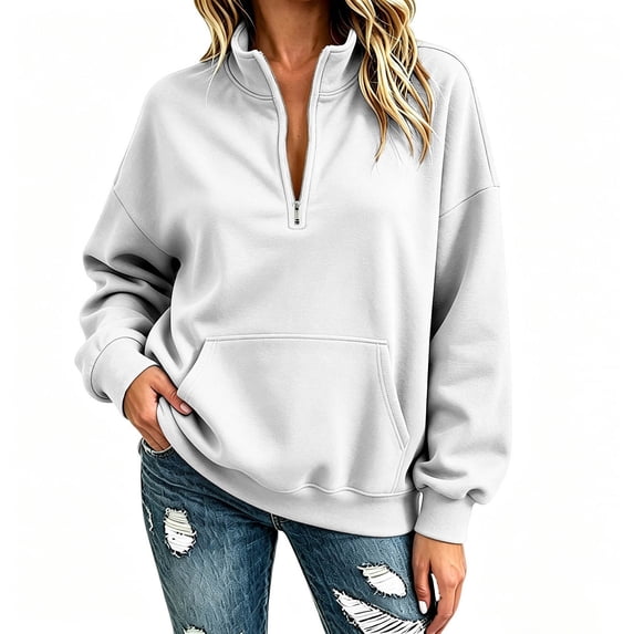 Horkkom Quarter Zip Pullover Women Solid Color Collared Sweatshirts Loose Comfy Sweatshirt with Pockets M