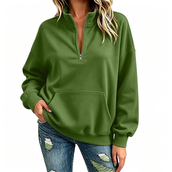 Horkkom Quarter Zip Pullover Women Solid Color Collared Sweatshirts Loose Comfy Sweatshirt with Pockets M