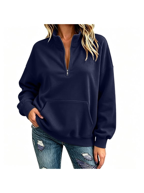 Quarter Zip Pullover Women Solid Color Collared Sweatshirts Loose Comfy Sweatshirt with Pockets S