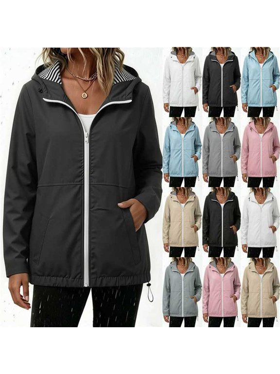 Rain Jacket Women Zip Up Solid Color Windbreaker Jacket Outdoor Hiking Travel Raincoat with Hood Adjustable Drawstring Pockets L