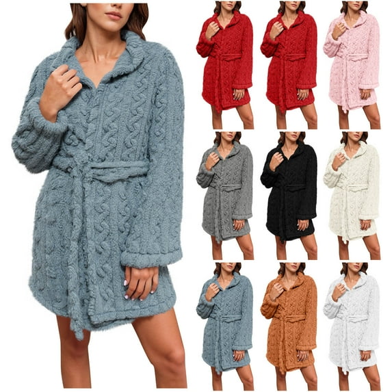 Horkkom Robes for Women Fleece Fuzzy Long Sleeve Bathrobe Soft Warm Short House Robes with Strap M