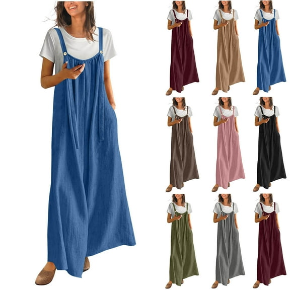 Horkkom Rompers for Women Casual Sleeveless Wide Leg Jumpsuits Comfy Baggy Button Overalls with Pockets, Gifts for Women 2XL