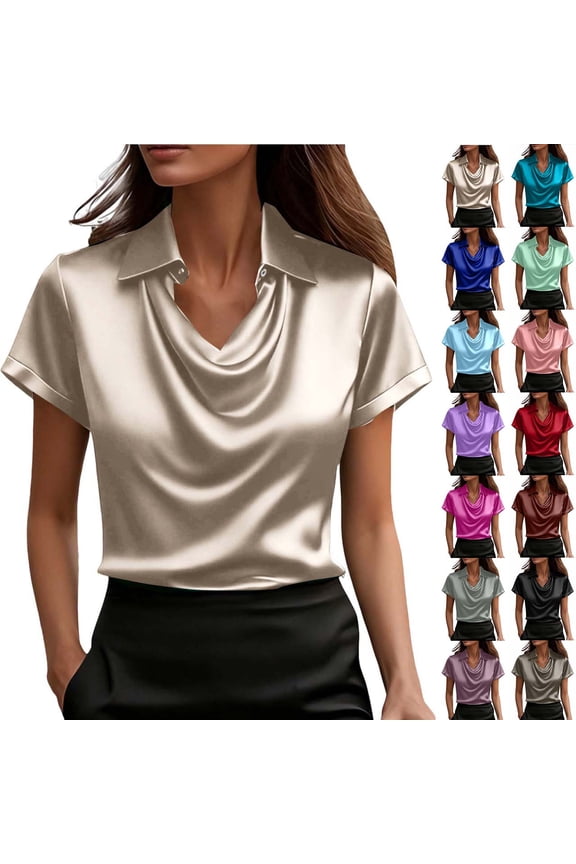 Satin Tops for Women Summer V Neck Short Sleeve Blouses Loose Casual Silk Blouse L
