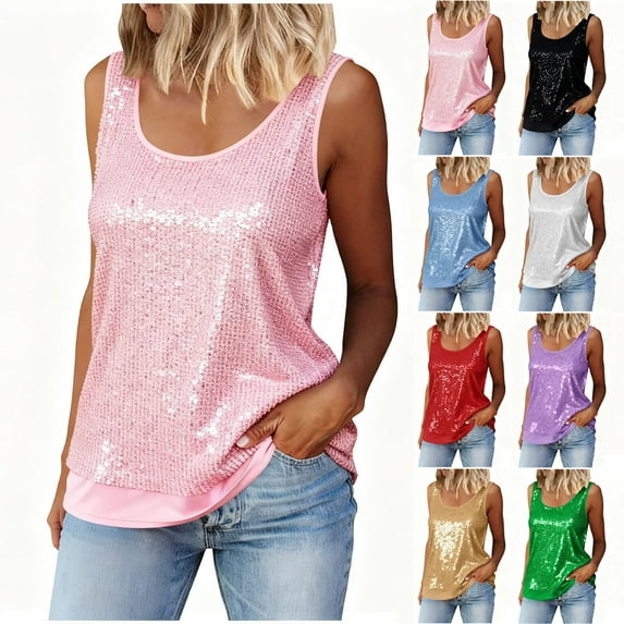 Horkkom Sequin Tank Tops for Women Party Sparkly Tops Dressy Loose Crew Neck Tank Tops L