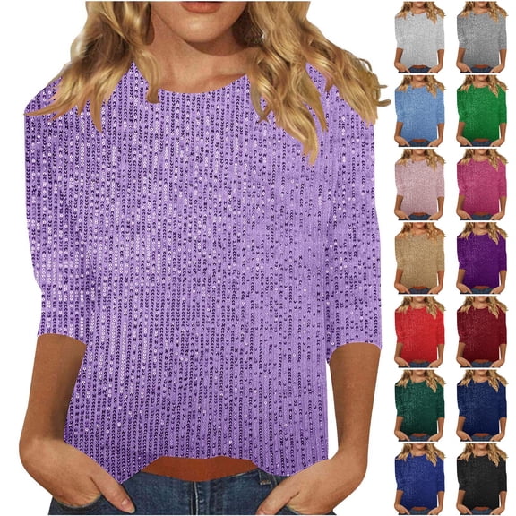 Horkkom Sequin Tops for Women Party Sparkly Tops Dressy Loose Crew Neck 3/4 Length Sleeve Tops M