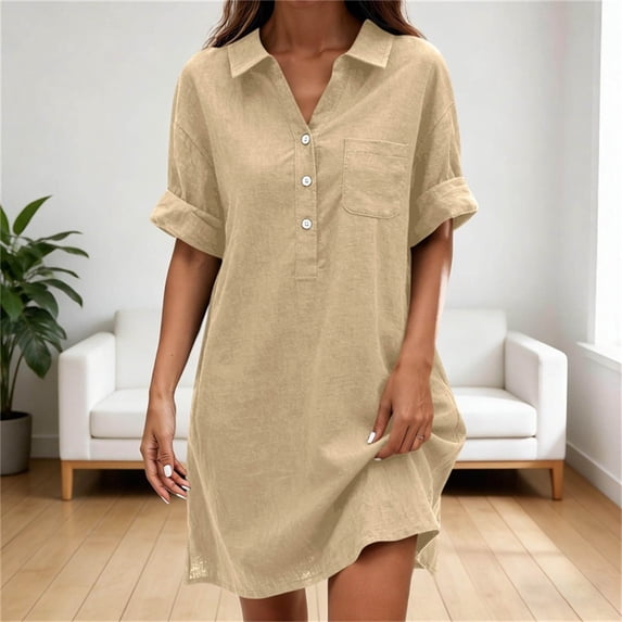 Horkkom Shirt Dresses for Women V Neck Solid Color Sundresses Summer Vacation Mini Dresses, S-2XL