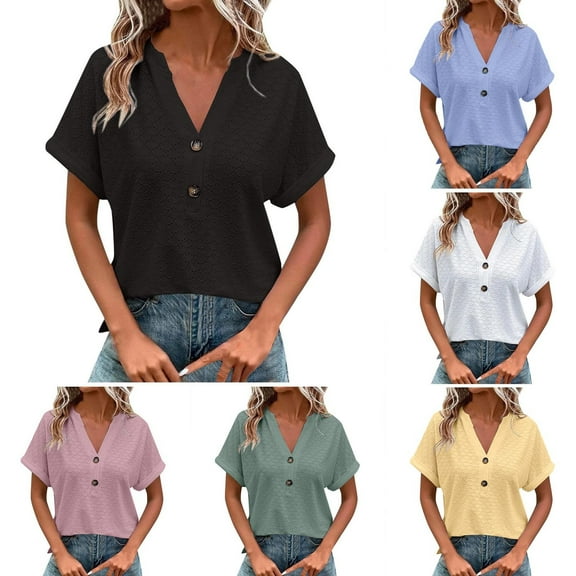 Horkkom Short Sleeve Blouses for Women Button V Neck Solid Color Tops Lace Loose Casual Tops, Gifts for Women M