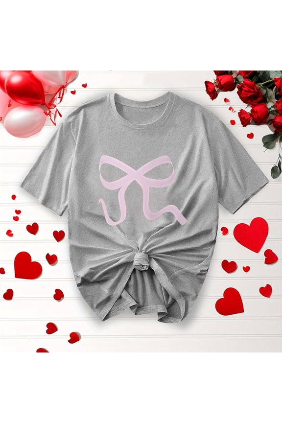 Short Sleeve Shirts for Women Casual Bow Printed Crewneck T Shirts Summer Spring Basic Tees, Gifts for Women