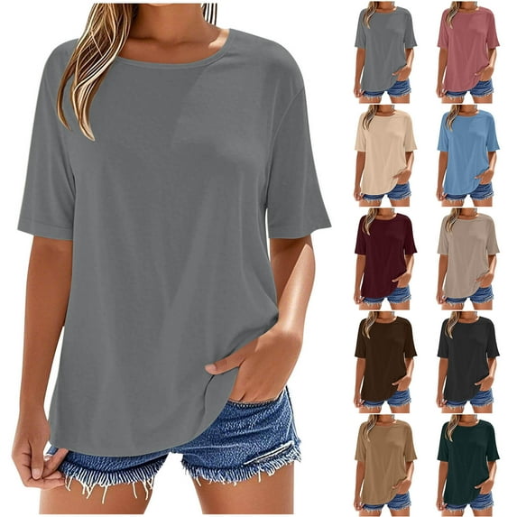 Horkkom Short Sleeve Shirts for Women Crew Neck Solid Color T Shirts Causal Loose Comfy Undershirt L, Gifts for Women
