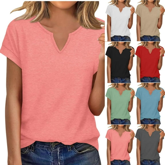 Horkkom Short Sleeve Shirts for Women Solid Color V Neck T Shirts Casual Loose Summer Tops XL