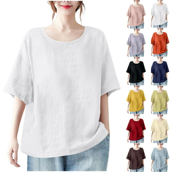 Horkkom Short Sleeve Shirts for Women Summer Crew Neck Linen Shirts Casual Loose Solid Color T Shirts L, Gifts for Women
