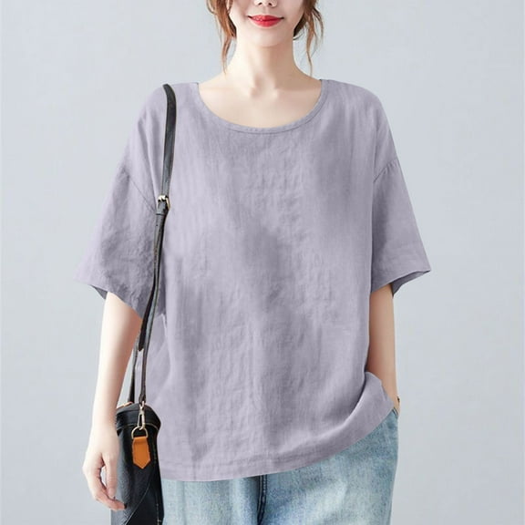 Horkkom Short Sleeve Shirts for Women Summer Crew Neck Linen Shirts Casual Loose Solid Color T Shirts S, Gifts for Women