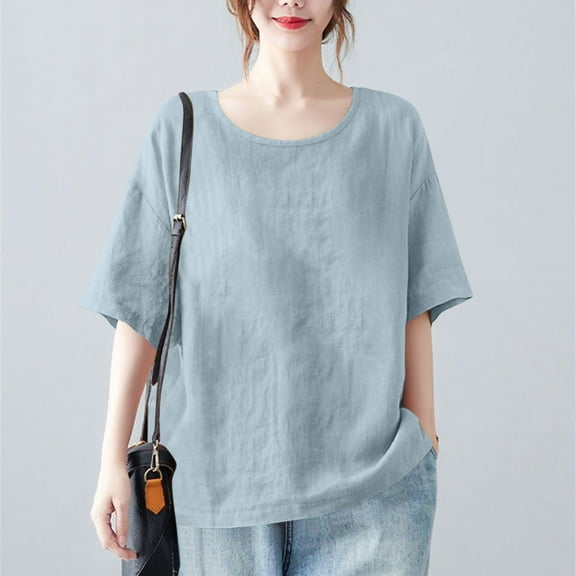 Horkkom Short Sleeve Shirts for Women Summer Crew Neck Linen Shirts Casual Loose Solid Color T Shirts S, Gifts for Women