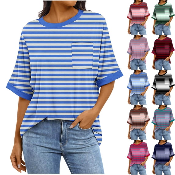 Horkkom Short Sleeve Shirts for Women Summer Crew Neck Striped Shirt Causal Loose Comfy T Shirts with Pocket XL, Gifts for Women