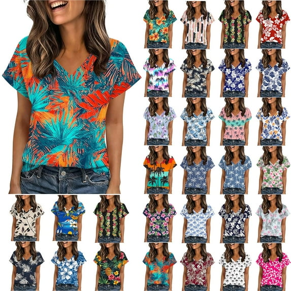 Horkkom Short Sleeve Shirts for Women Summer Trendy Floral Print V Neck Tops Casual Loose T Shirts L