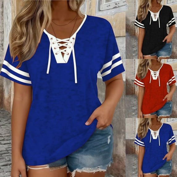 Horkkom Short Sleeve Shirts for Women Summer V Neck Plus Size Tops Casual Loose Color Block Blouses XXXL