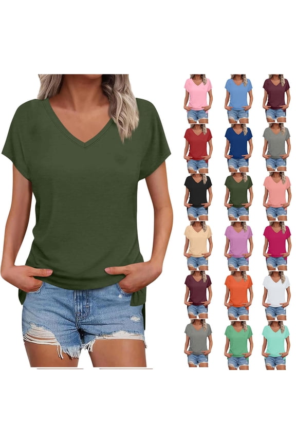 Short Sleeve Shirts for Women V Neck Solid Color T Shirts Summer Loose Casual Tops 2XL, Gifts for Women