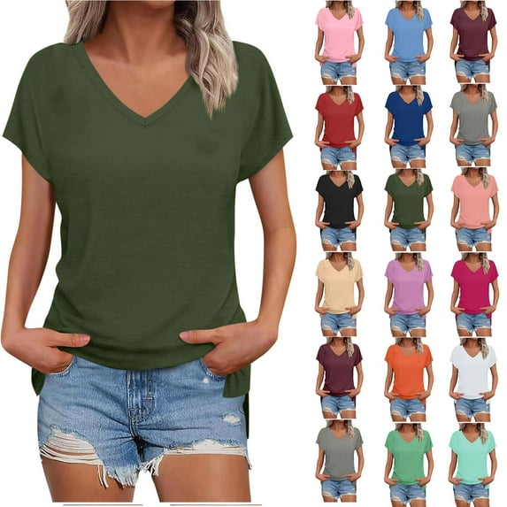 Horkkom Short Sleeve Shirts for Women V Neck Solid Color T Shirts Summer Loose Casual Tops L, Gifts for Women