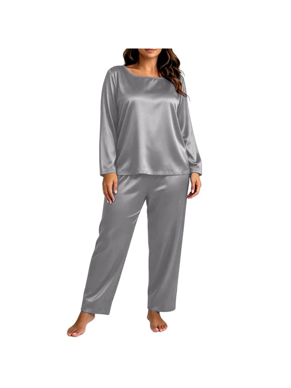 Silk Pajamas for Women Crew Neck Plus Size Satin Loungewear Sets Solid Color Sleep Casual Sets with Pockets XL, Gifts for Women