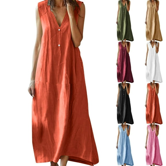 Horkkom Sleeveless Dress for Women Summer V Neck Solid Color Maxi Dresses Casual Button Long Dresses, Gifts for Women XL