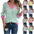 thumbnail image 1 of Horkkom Striped Long Sleeve Shirt Women, V Neck Tops, Spring Casual Loose Tops L, 1 of 7