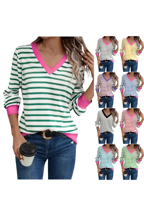 Striped Long Sleeve Shirt Women, V Neck Tops, Spring Casual Loose Tops L