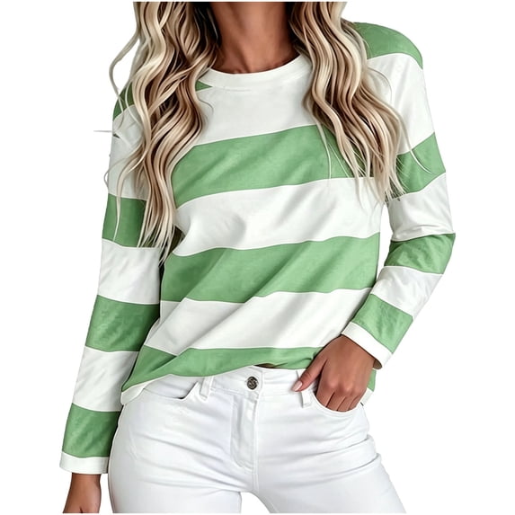 Horkkom Striped Shirt Women Long Sleeve Pullover Crew Neck T Shirts Casual Daily Fall Tops XXXXXL