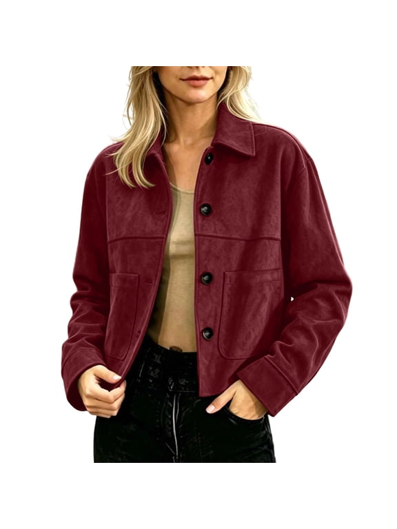 Suede Jacket Women Button Down Long Sleeve Shacket Casual Fall Winter Cropped Jacket with Pockets XXL