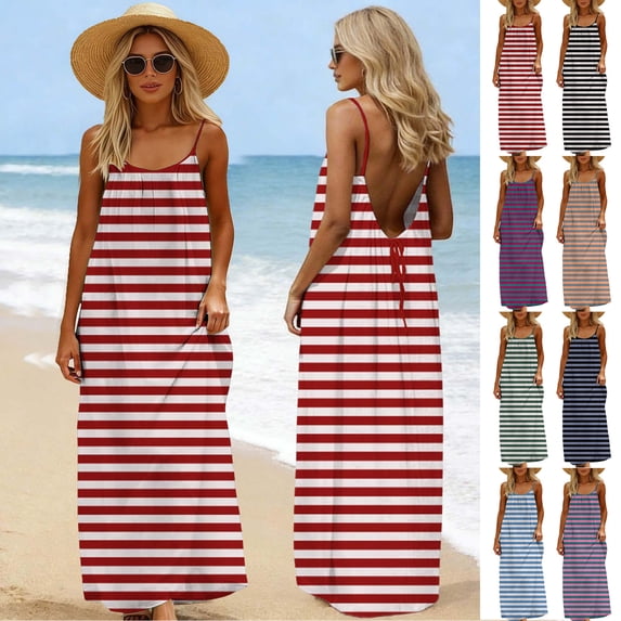 Horkkom Summer Dresses for Women Beach Maxi Backless Dresses Flowy Holiday Striped Print Sleeveless Dress L