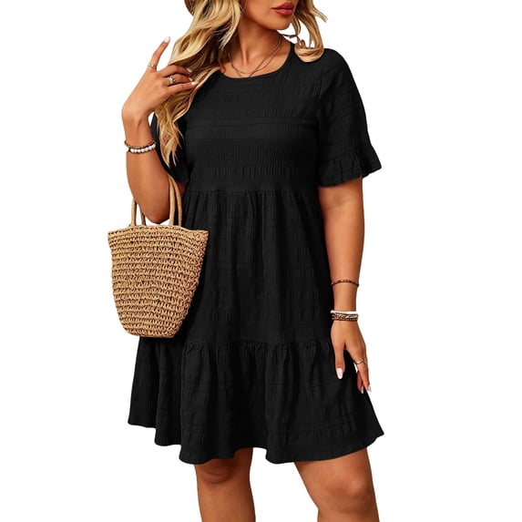 Horkkom Summer Dresses for Women Short Sleeve Mini Solid Color T Shirt Dress Vacation Beach Sundresses, XL-5XL