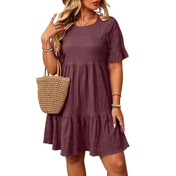 Horkkom Summer Dresses for Women Short Sleeve Mini Solid Color T Shirt Dress Vacation Beach Sundresses, XL-5XL