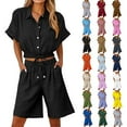 thumbnail image 1 of Horkkom Summer Lounge Sets for Women 2 Piece Sets Short Sleeve Button Down Shirts Elastic Waist Drawstring Shorts with Pockets Outfits Casual Loose Matching Sets, Gifts for Women L, 1 of 8