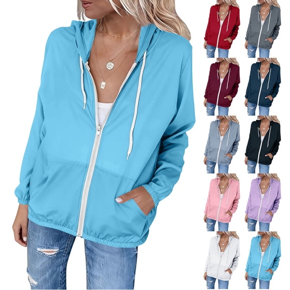 Horkkom Sun Hoodie Women Casual Solid Color Zip Up Lightweight Jacket Outdoor Athletic Hiking Shirts L