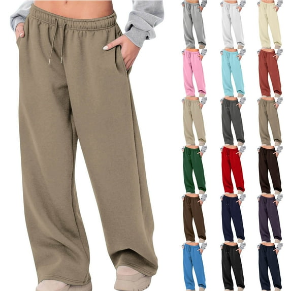 Horkkom Sweat Pants for Womens Solid Color High Waisted Pants with Pockets Casual Loose Wide Leg Sweatpants XL