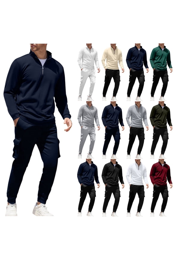 Sweat Suits Men with Pockets Solid Color Jogging Suits Quarter Zip Pullover Elastic Waist Drawstring Cargo Pants L