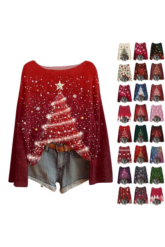 Sweaters for Women Christmas Tree Print Ugly Sweater Party Holiday Long Sleeve Sweaters S