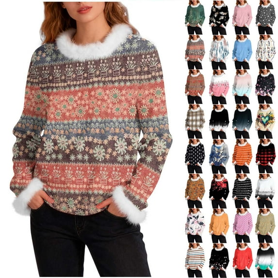Horkkom Sweaters for Women Crew Neck Floral Print Pullover Sweaters Casual Christmas Sweaters XL