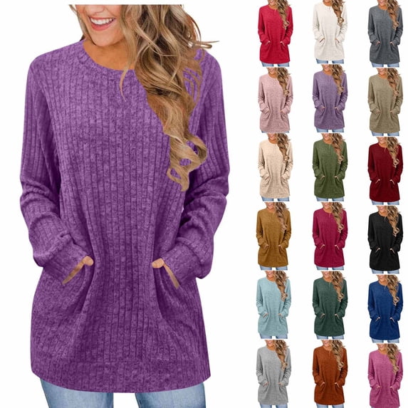 Horkkom Sweaters for Women Long Sleeve Crewneck Pullover Sweaters Tops Casual Solid Color Fall Sweaters with Pockets M