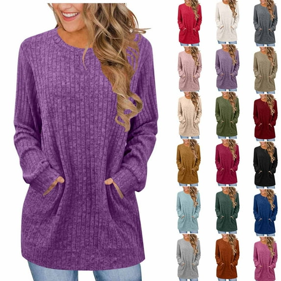 Horkkom Sweaters for Women Long Sleeve Crewneck Pullover Sweaters Tops Casual Solid Color Fall Sweaters with Pockets S