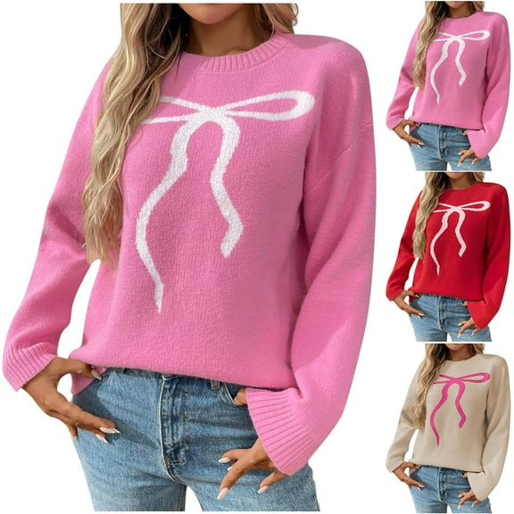 Horkkom Sweaters for Women Pullover Bow Print Crew Neck Long Sleeve Sweaters Fall Winter Knit Sweater M, Gifts for Women